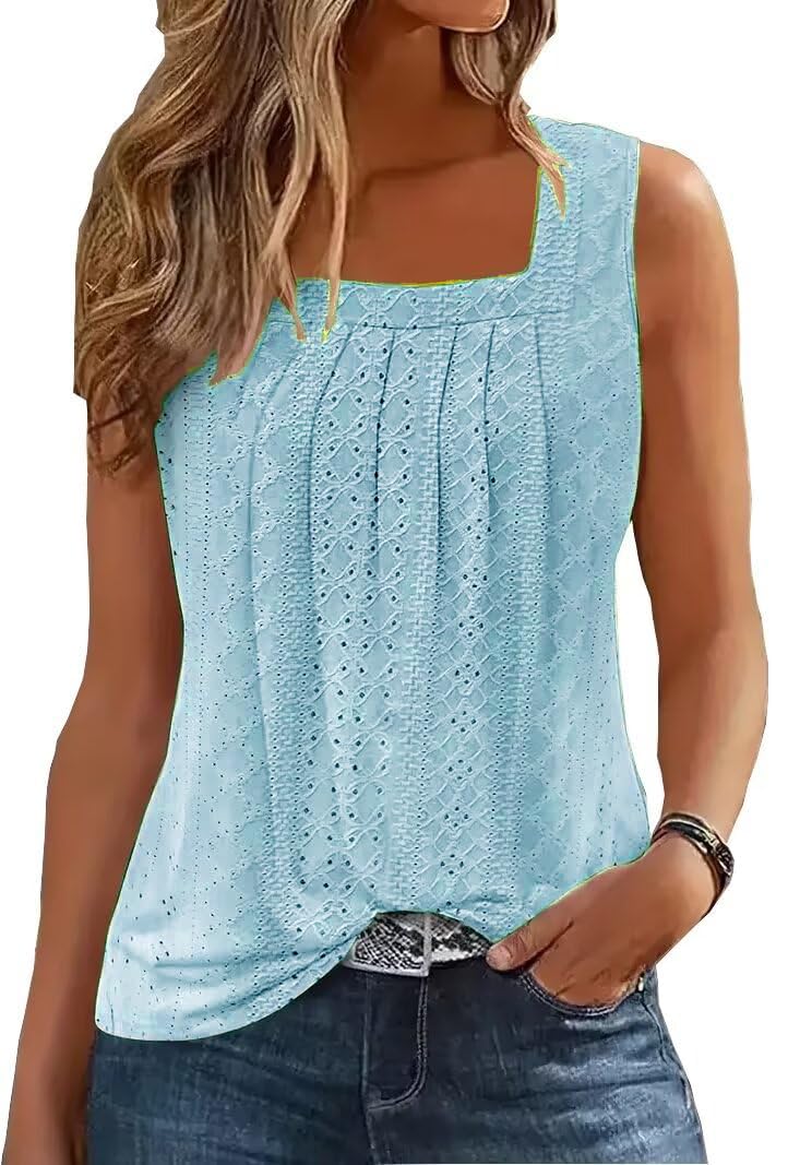 Light Blue Casual Sleeveless Tank Top with Ruffled Square Collar