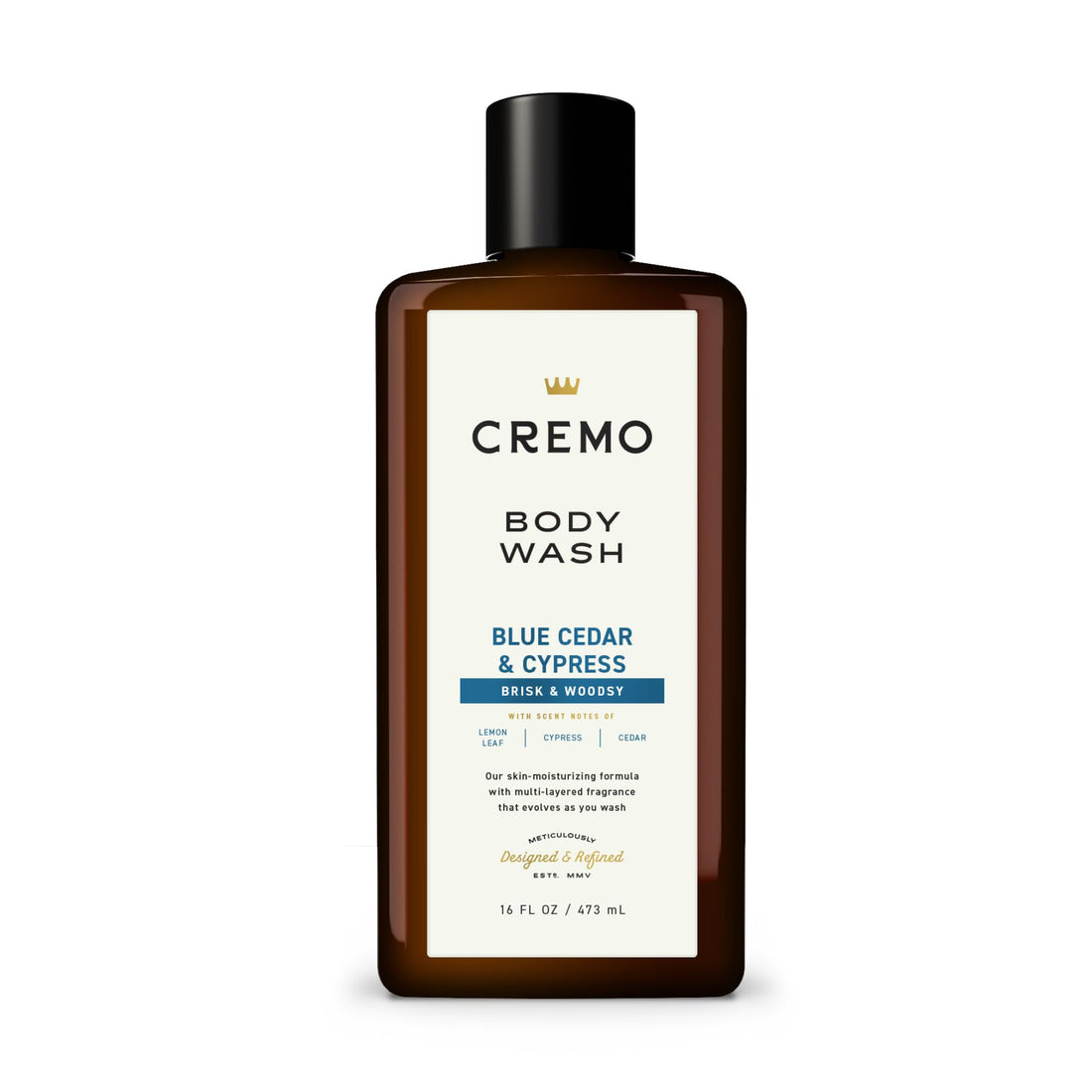 Here is a title that best describes the product in 10 words: Cremo Blue Cedar Body Wash for Men, ...