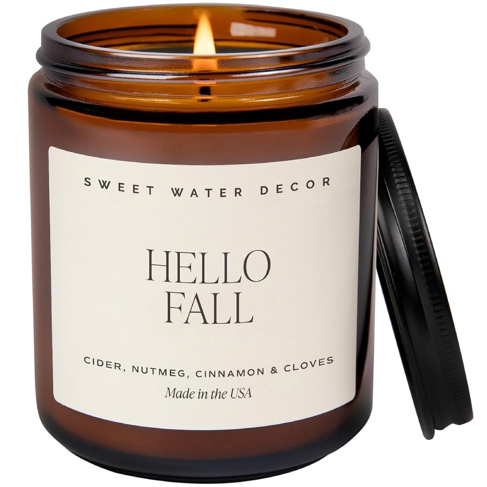 Sweet Water Decor Hello Fall Soy Candles - Fall Candle with Hot Cider, Cinnamon, Cloves, and Nutme...