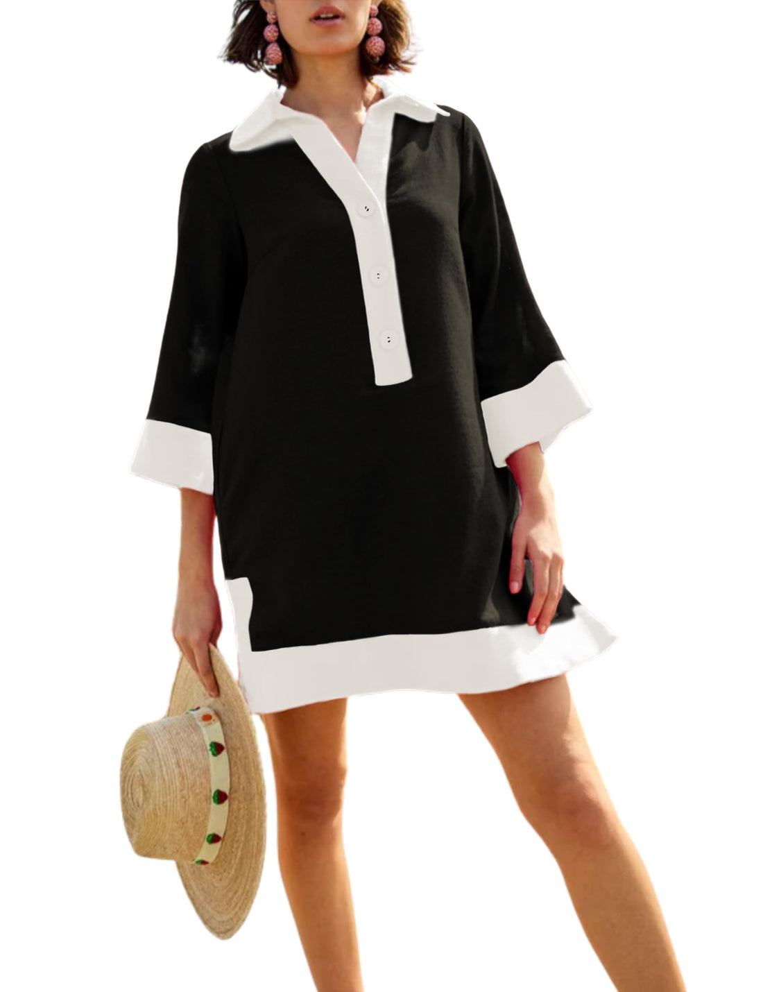Color Block Linen Beach Dress with Pockets