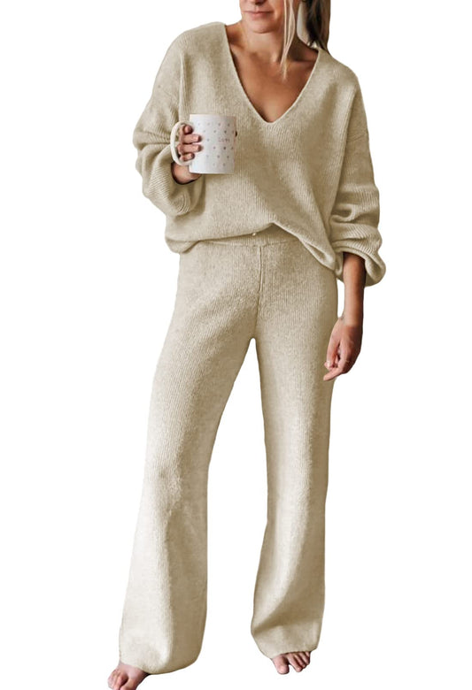 Casual Women's 2 Piece Knit Sweater Sweatsuit Set with V Neck.