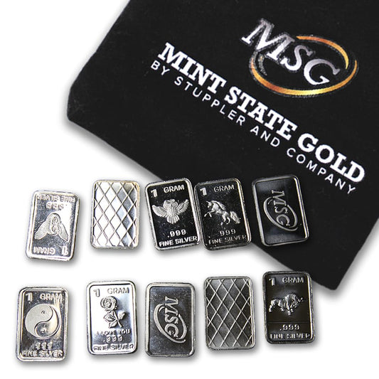 TEN One Gram .999 pure Silver Bars with random designs in a jewelry pouch (Original Version).