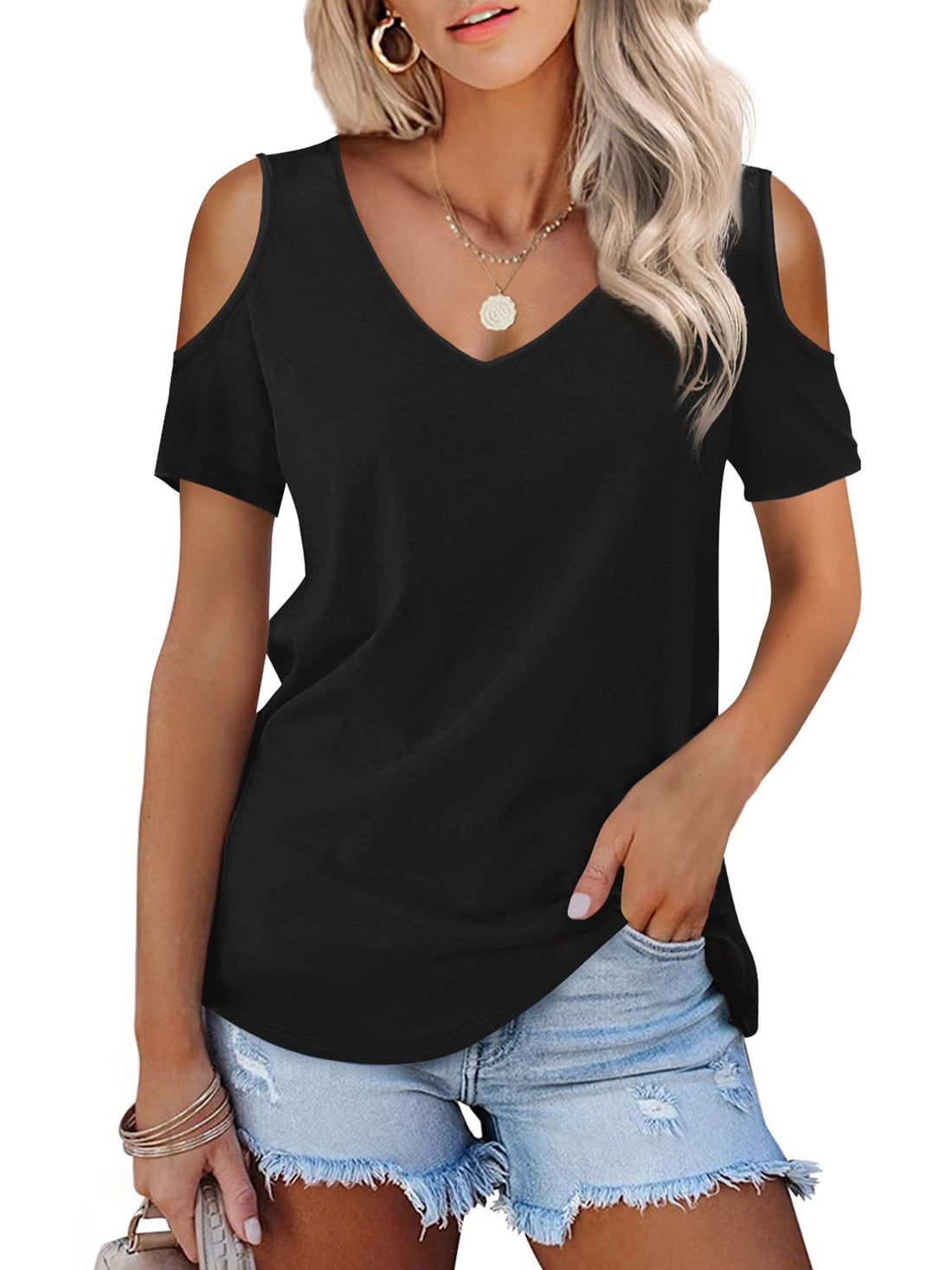 Amoretu Womens Short Sleeve Cold Shoulder Basic Tee Tops Shirts.