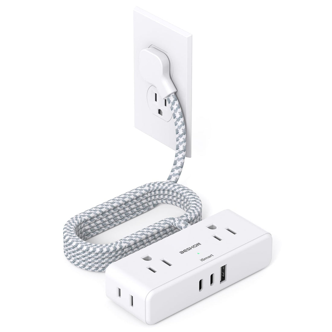 Flat Extension Cord 6 feet, Flat Plug Power Strip, 4 Widely Outlets with 3 USB Ports (2 USB C)