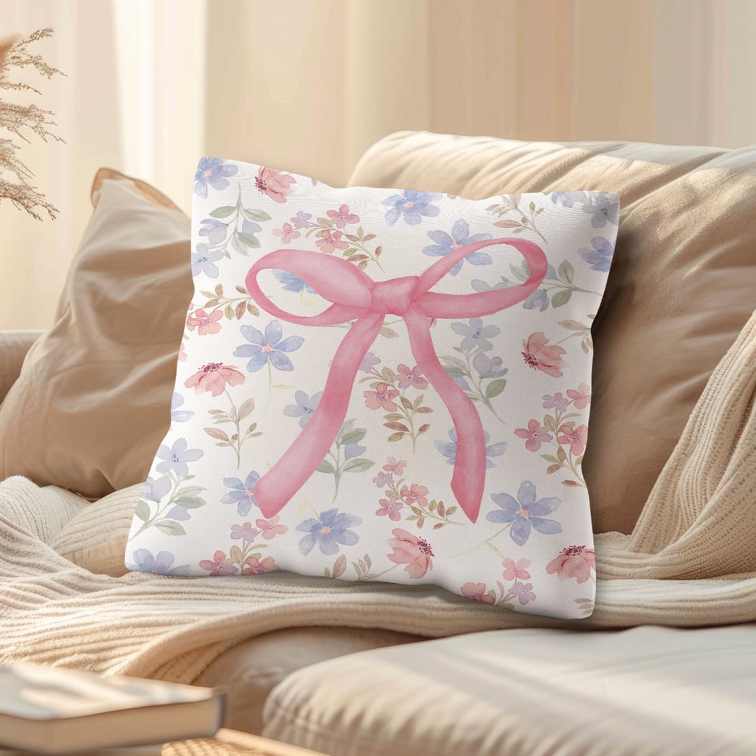 Pink Bow Floral Pillow Covers
