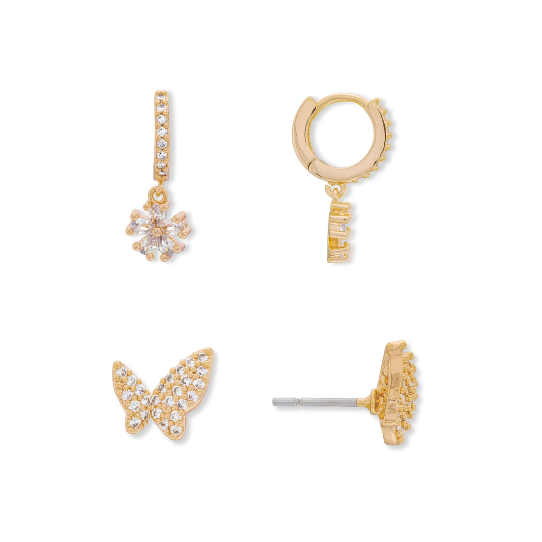 Flower Huggie Stud Earrings Set in 14k Gold Plating with Cubic Zirconia