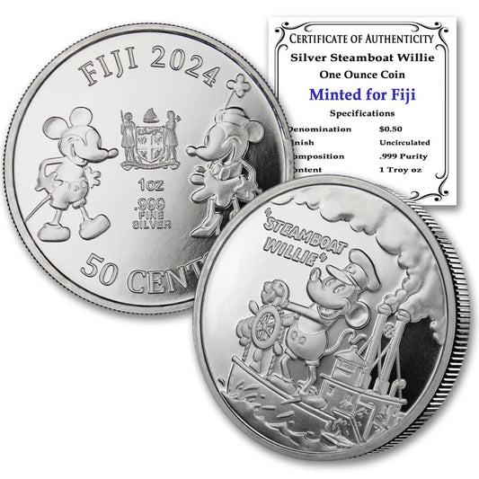 2024-1 oz Fiji Silver Steamboat Willie Coin Brilliant Uncirculated with Certificate of Authenticity $0.50 Seller ...