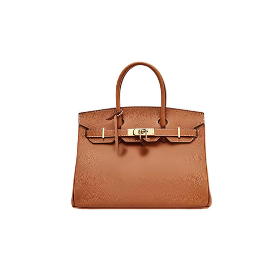 Large genuine leather commuter tote bag in rich golden brown.