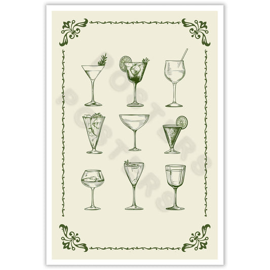 Vintage Cocktail Glasses Wall Art Print