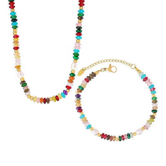 Boho Beaded Choker and Bracelet Set with Gemstone and Pearl Details