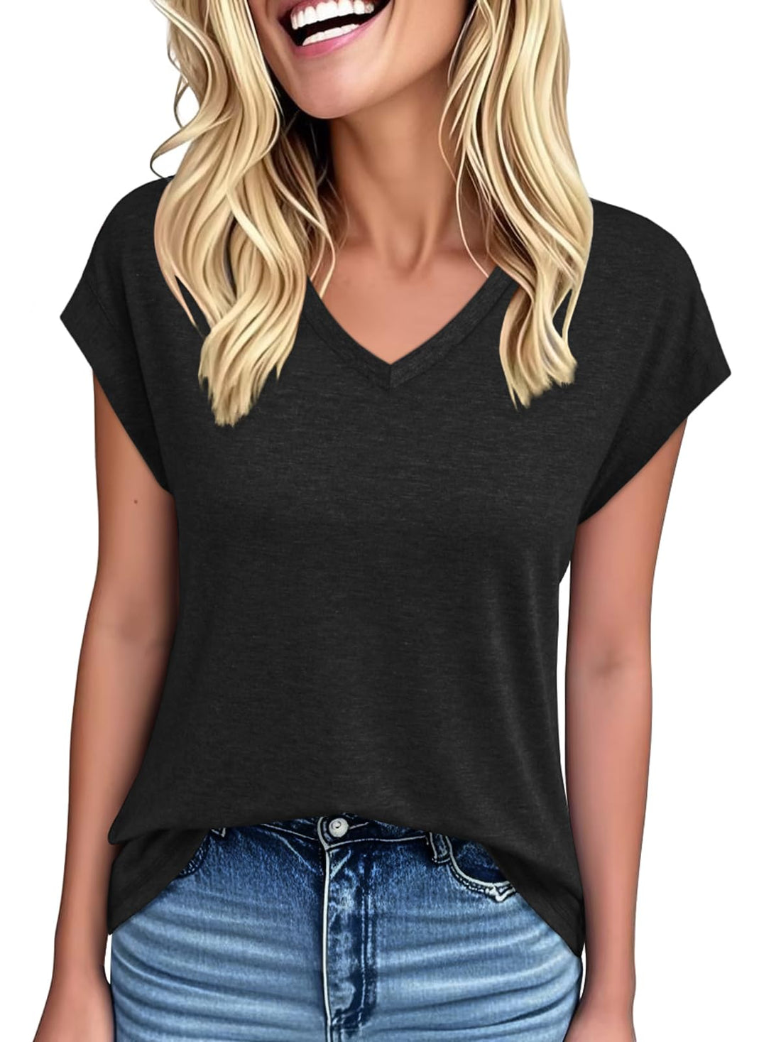 Casual Women's Summer Tops with V Neck and Cap Sleeves