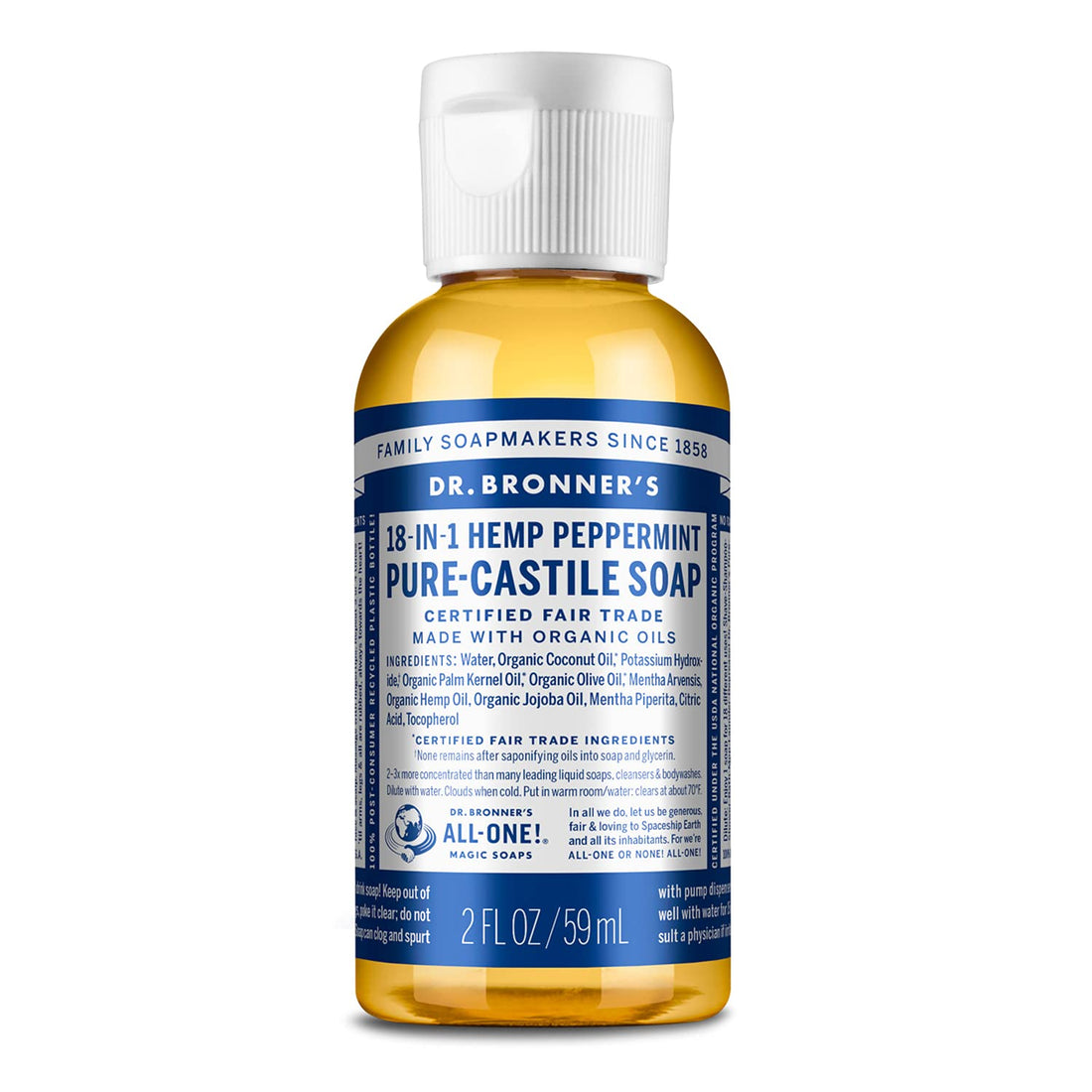 Dr. Bronner's Peppermint Castile Soap, Organic, Multi-Purpose Travel Size Bottle.