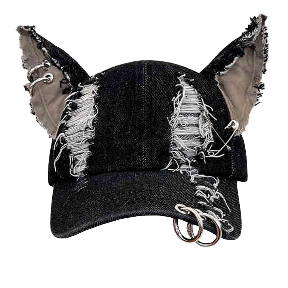 Y2K Grunge Punk Distressed Denim Baseball Cap with Bunny Ears for K-pop and Streetwear