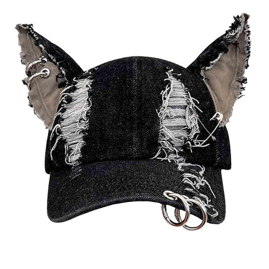 Y2K Grunge Punk Distressed Denim Baseball Cap with Bunny Ears for K-pop and Streetwear