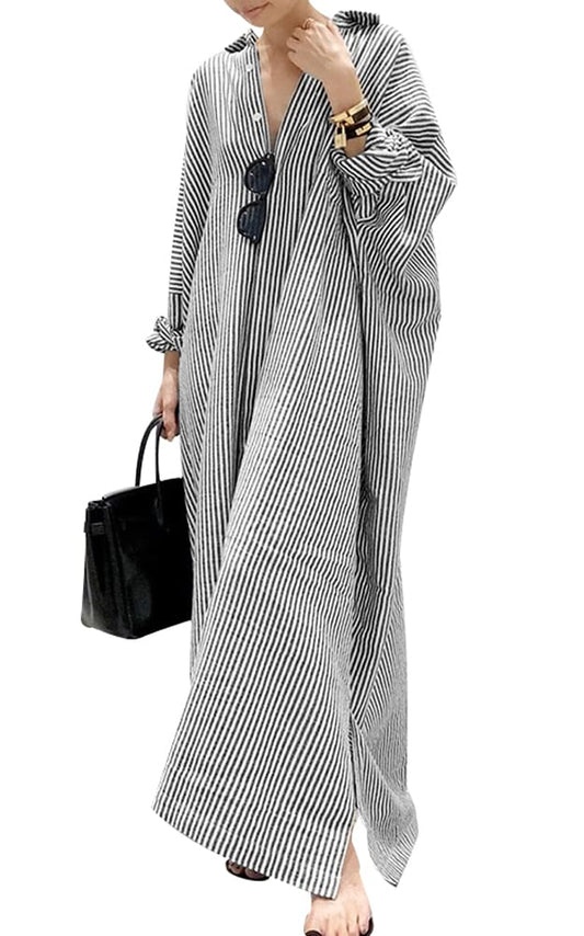 chouyatou Women's Casual Long Sleeve Button Down Loose Striped Cotton Maxi Shirt Dress.