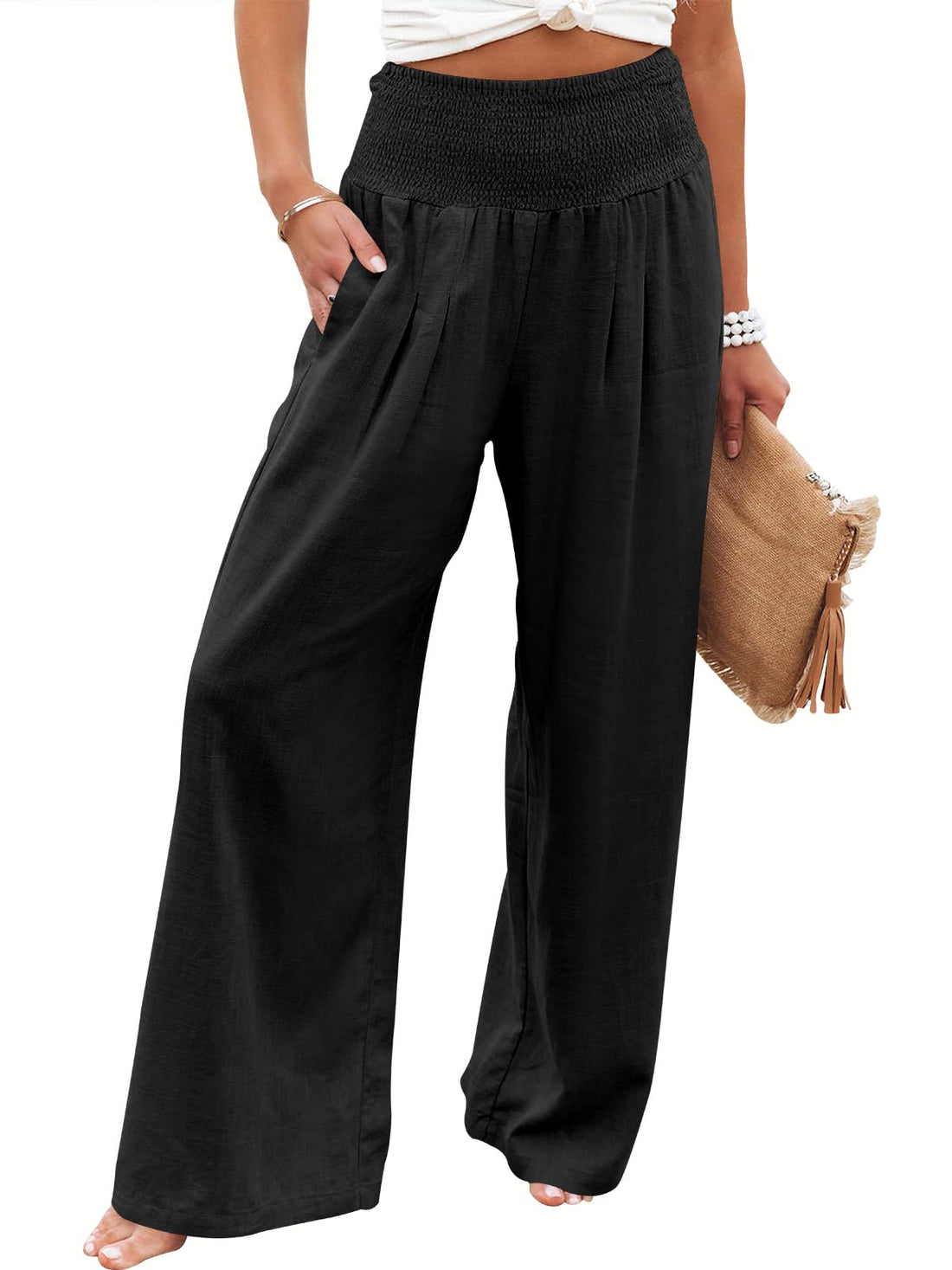 ANRABESS Women's Linen Palazzo Pants for Summer Vacation and Travel.