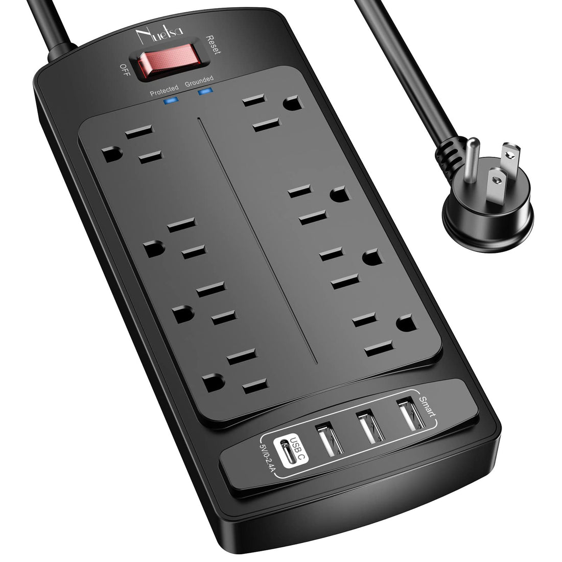 Surge Protector Power Strip - Nuetsa Flat Plug Extension Cord with 8 Outlets and 4 USB Ports, 6 ...