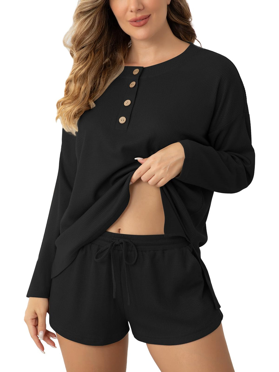 Whispers of Comfort: Cozy Waffle Knit Lounge Set for Women.