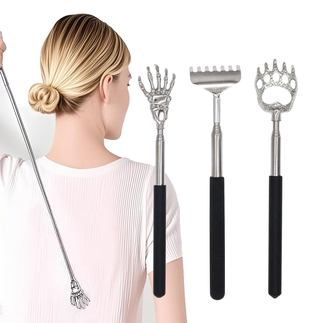Telescoping Back Scratcher Set for Adults - 3 Pack Portable Metal Back Scratchers with Rubber ...