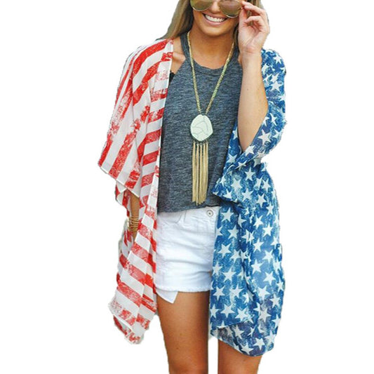 Askwind 4th of July Women's American Flag Print Kimono Cover Up Tops Shirt.