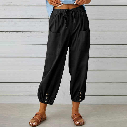 Sleek and Stylish Women's High-Waisted Cropped Pants with Pockets.