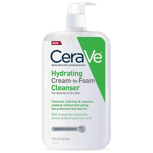 CeraVe Hydrating Cream-to-Foam Cleanser for Dry Skin and Makeup Remover.