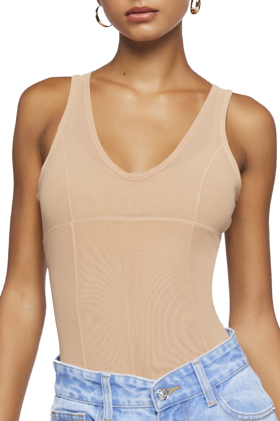 Fashionable women's sleeveless V-neck bodysuit in walnut color medium.