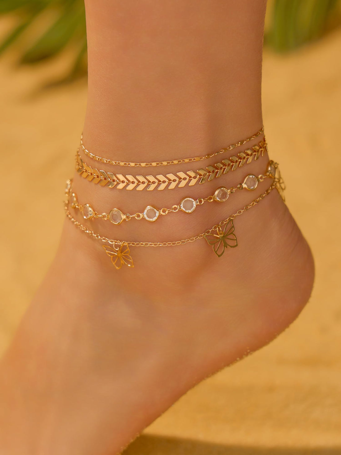 Elegant Gold Butterfly Layered Anklet Set for Fashionable Women's Jewelry.