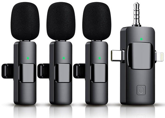 3 in 1 Wireless Lavalier Microphone for iPhone, iPad, Android, Camera,12-Hour Battery, mini Noise Reduction Recording Mic 2.4