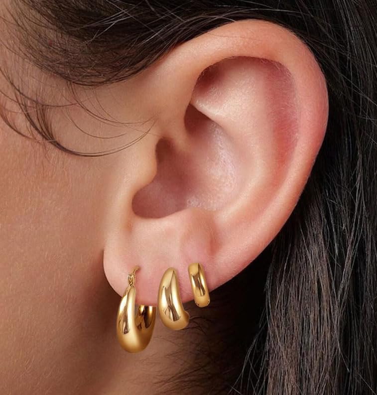 Generic Gold Hoop Earrings Set: 3 Pairs of 14K Gold Plated Brass Hoops
