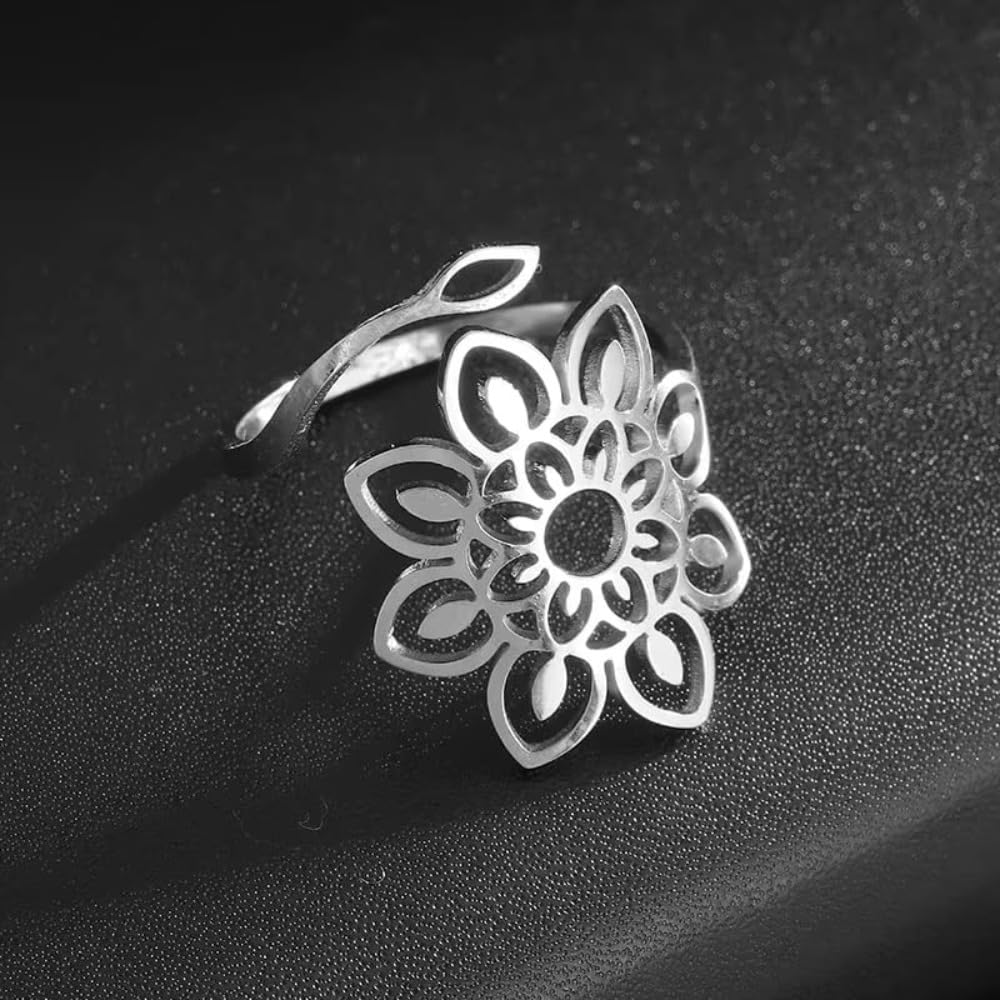 Sunflower Open Ring: Adjustable Silver Blooms Year-Round
