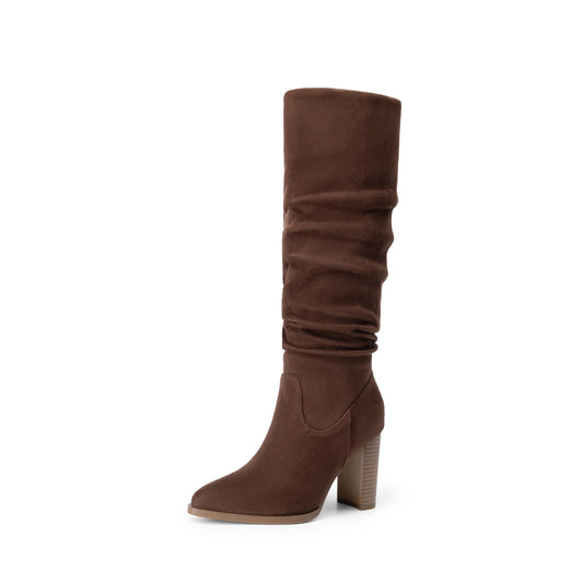 Women's Knee High Suede Boots with Chunky Block Heel
