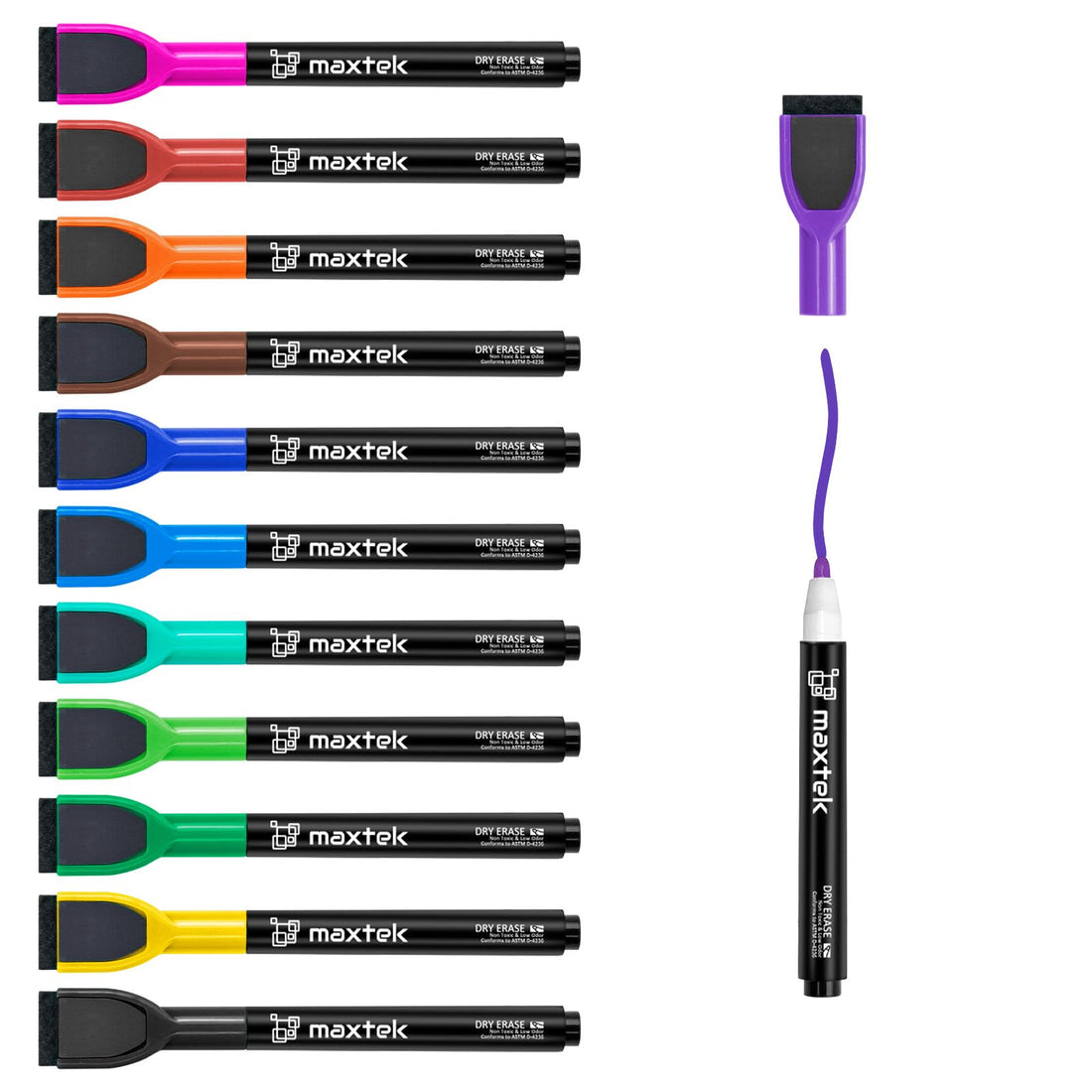 Maxtek Magnetic Whiteboard Markers - 12 Count Fine Tip Dry Erase Markers with Eraser