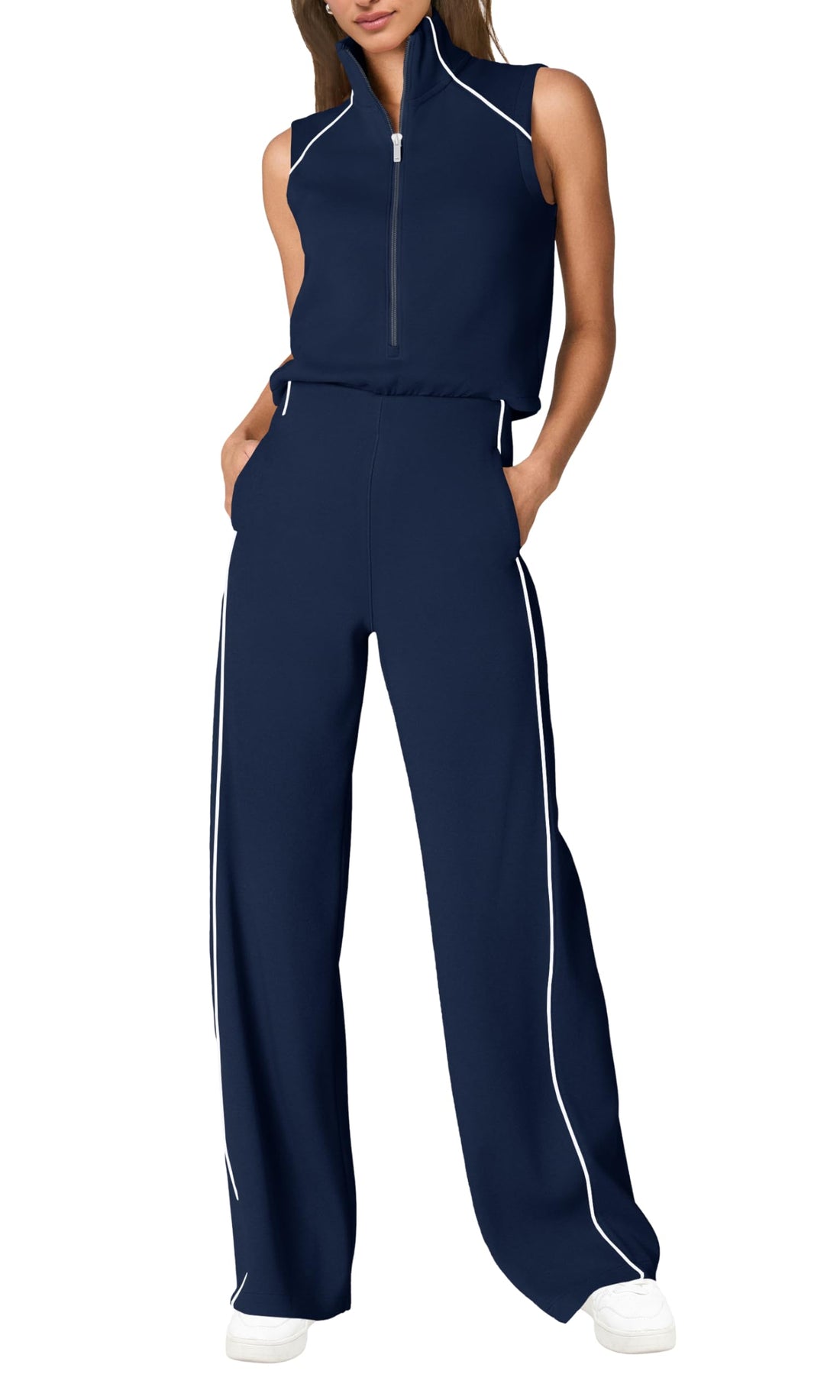 Sleeveless Summer Jumpsuit for Women - Casual Wide Leg Romper with Pockets