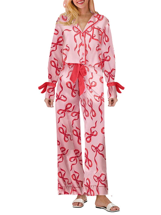 Women's Cute Satin Pajama Sets with Bow Tie