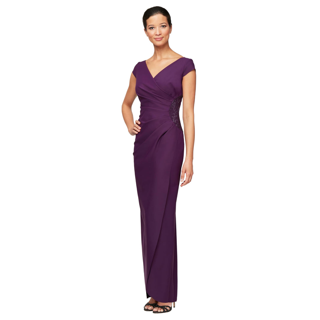 Women's Slimming Long Cap Sleeve Dress with Side Beaded Detail