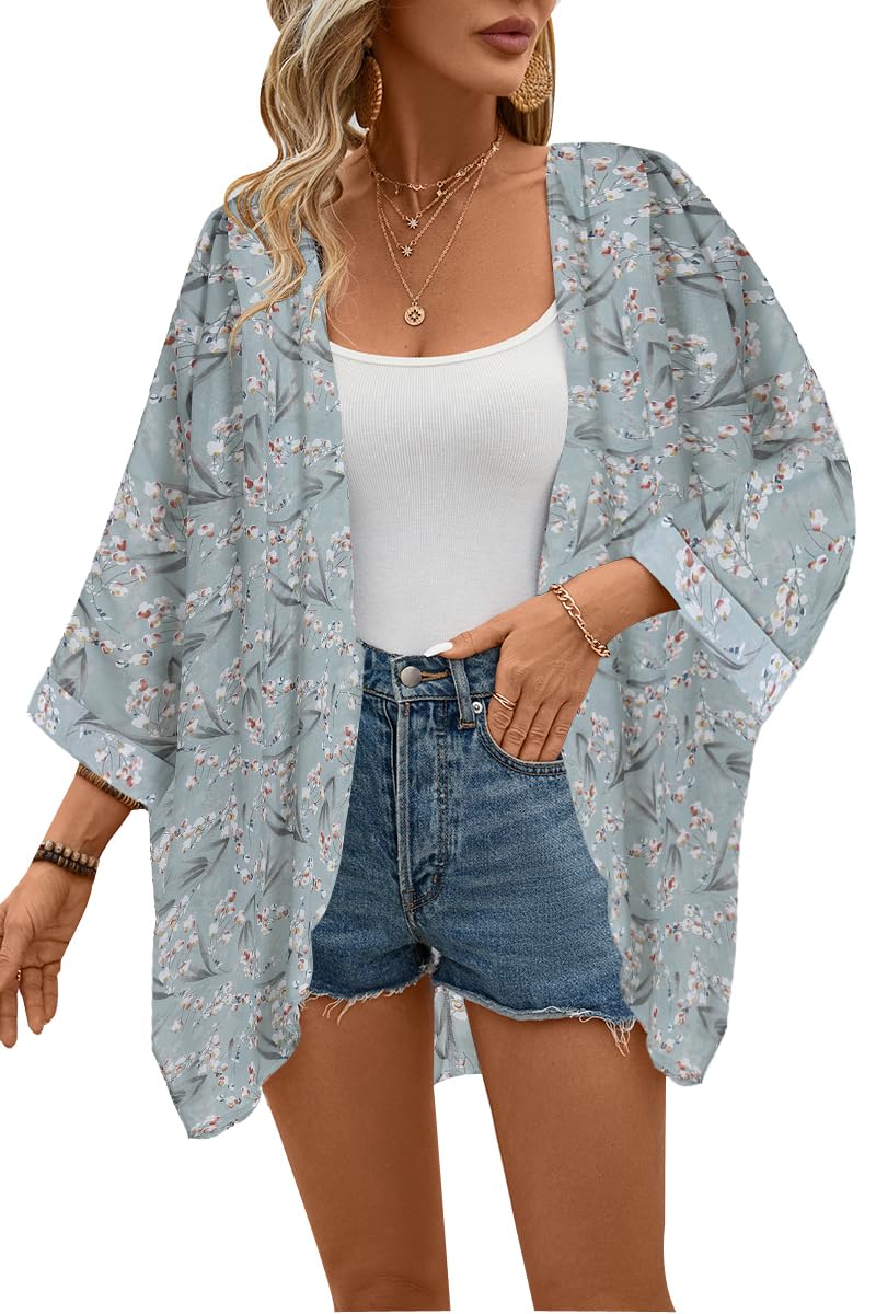 olrain Women's Floral Print Sheer Chiffon 3/4 Bat Sleeve Casual Loose Kimono Cardigan Capes.