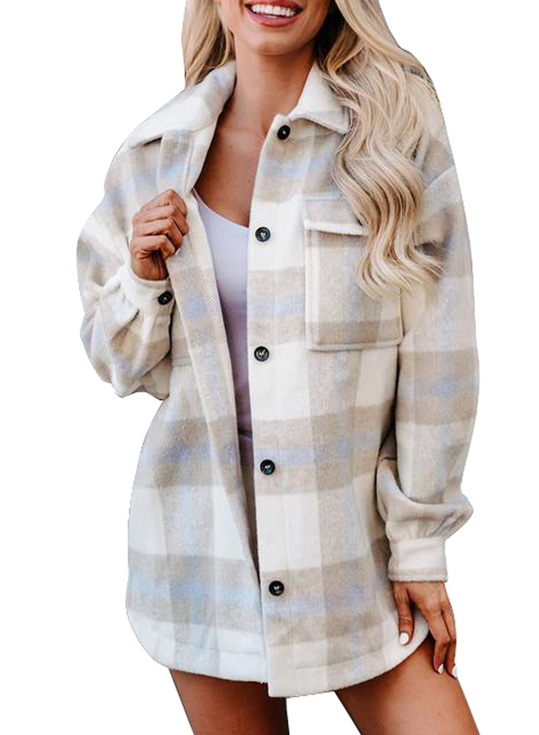 Womans Casual Plaid Button Down Long Sleeve Flannel Shacket Coat