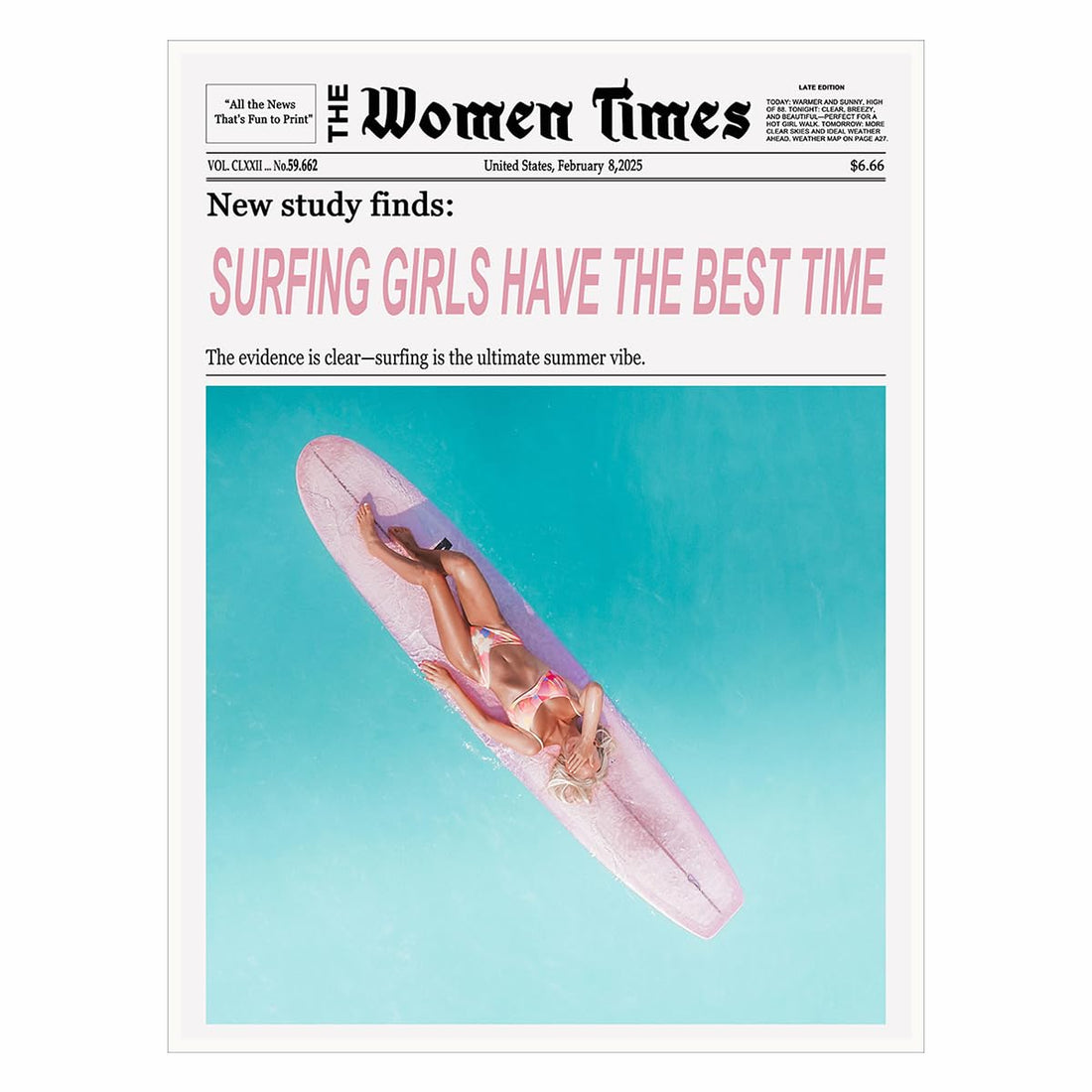 Surfing Girl Newspaper Print Wall Art for Coastal Decor