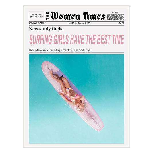 Surfing Girl Newspaper Print Wall Art for Coastal Decor