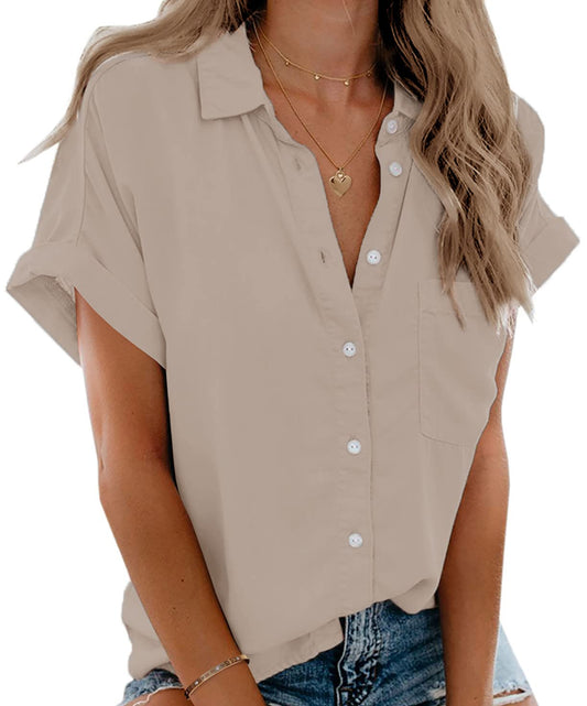 Beautife Womens Short Sleeve Shirts V Neck Collared Button Down Shirt Tops with Pockets.