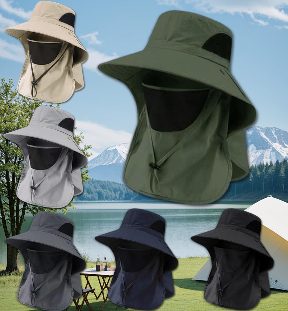 Sun Hat for Men and Women - Breathable Army Green Fishing Hat with Neck Flap for Summer Outdoor Use