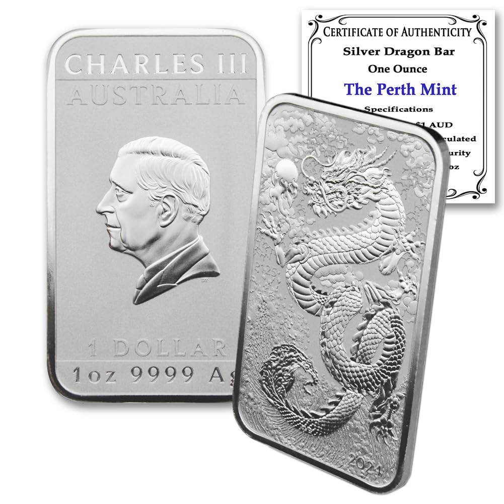 2024 P 1 Troy Ounce Australian Silver Dragon Rectangular Bar Coins Brilliant Uncirculated with Certificates of ...