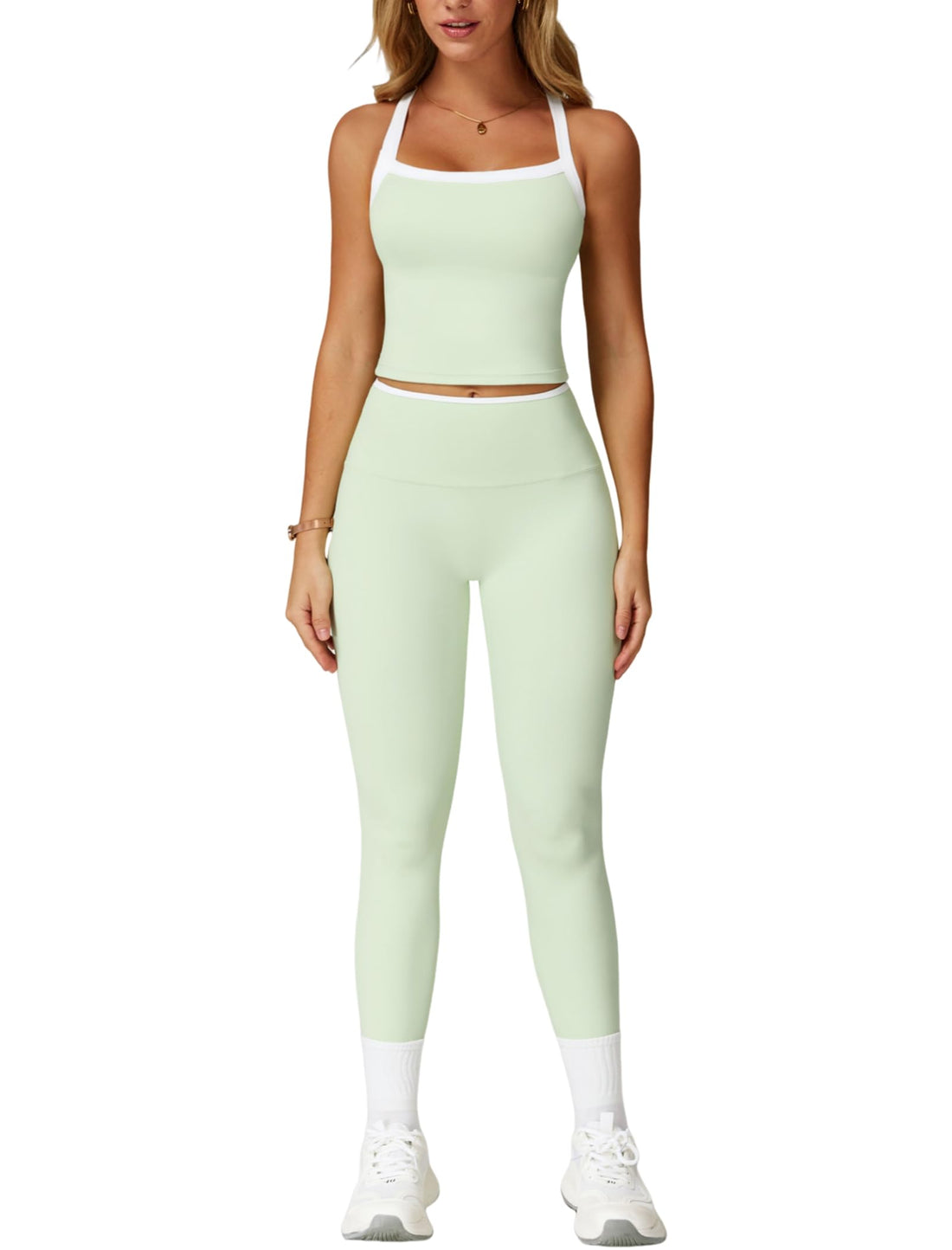 Women's 2-Piece Yoga Workout Set with Padded Crop Tank and High-Waist Leggings