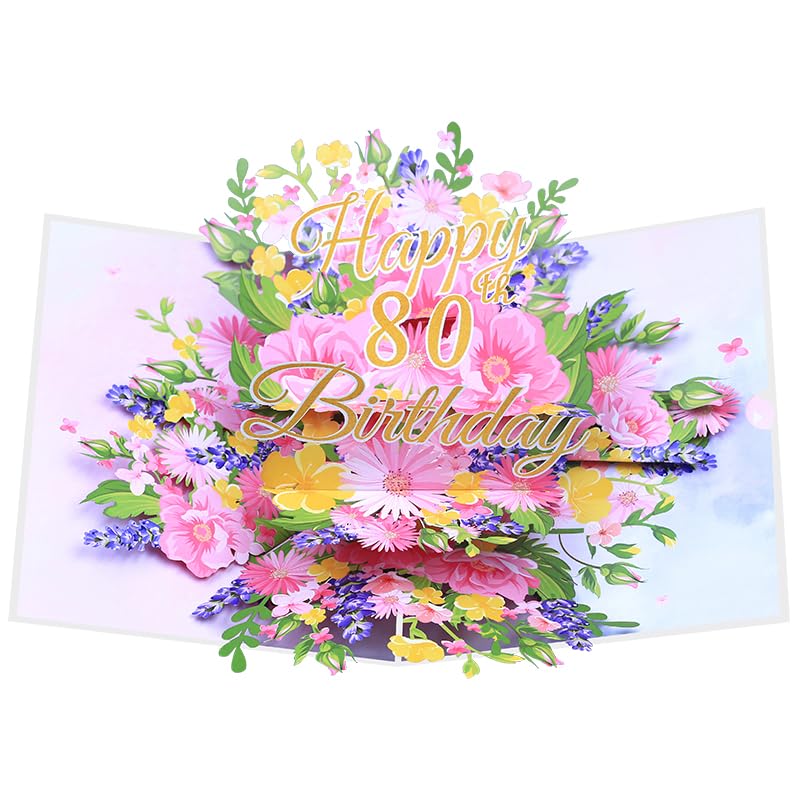 Joyful Blooms: Elegant 80th Birthday Pop Up Card with Personal Touch.