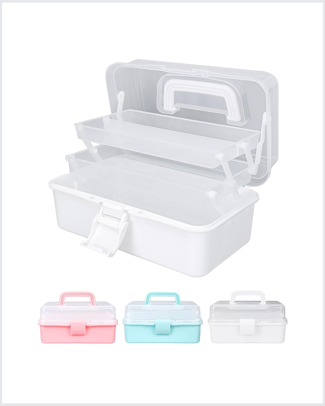 Hinged 3-Layer Storage Box with Adjustable Compartments for Organization.