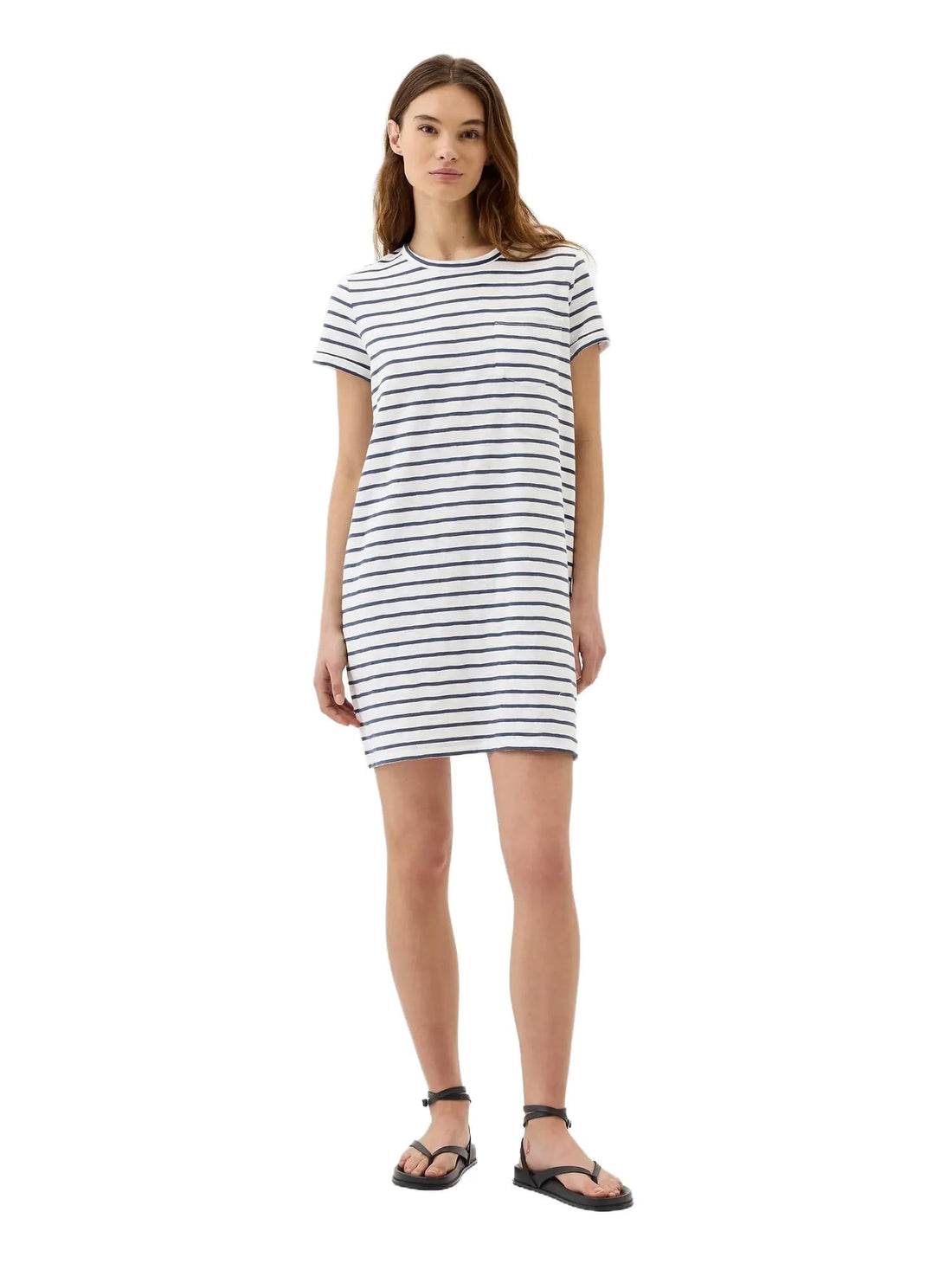 Navy Blue Stripe Relaxed Fit Women's Tall Pocket Cotton T-Shirt Dress.