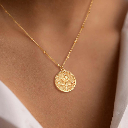 Gold Necklace for Women-14K Gold Plated Dainty Birth Flower Necklace Floral Birthstone Necklace fo...