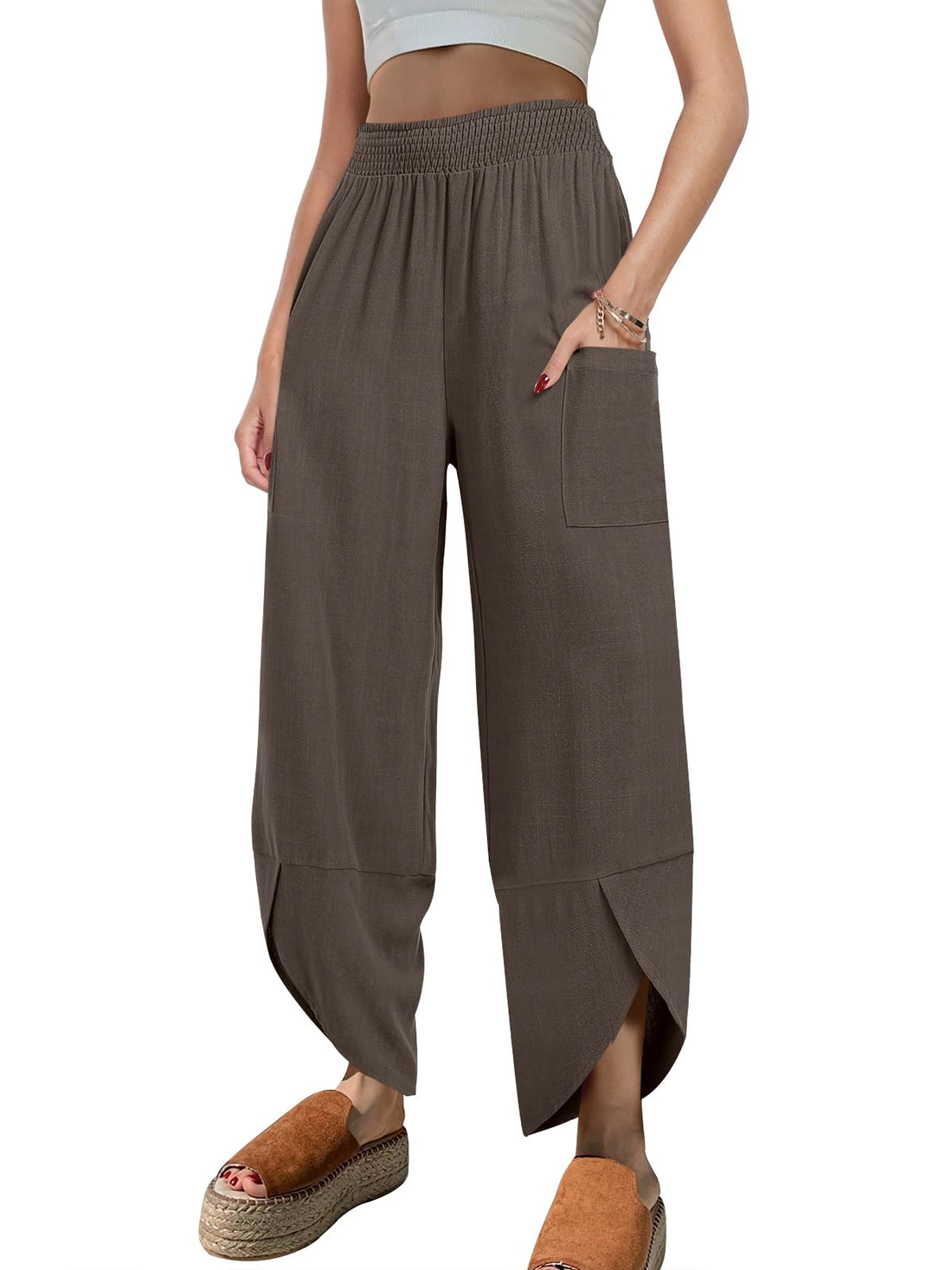 Caracilia Women Casual Linen High Waisted Wide Leg Baggy Palazzo Capri Pants Summer 2024 Trendy ...