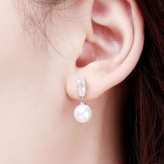 White Gold Plated Pearl Hoop Dangle Earrings for Women Daily Wedding Bridal Evening Parties ...